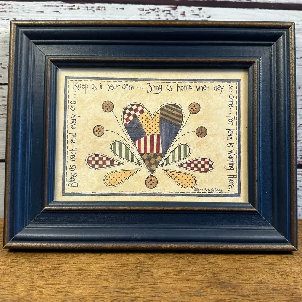 VTG 1997 Beth Yarbrough Heart Framed Print Art Americana Cottagecore 9.5X7.5